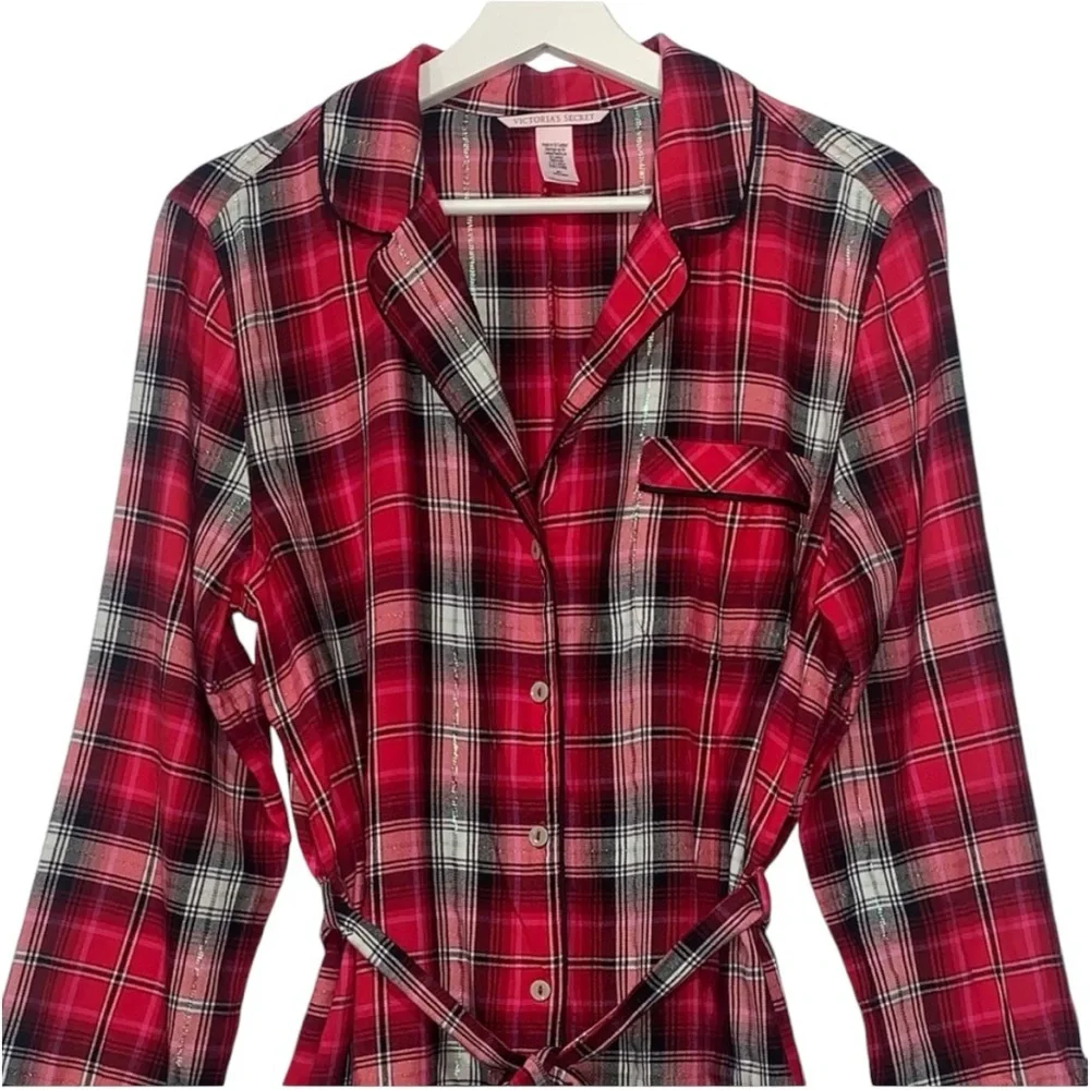 Victoria’s Secret Red Plaid Flannel Sleep Romper Silver Threads Sz Small NEW - Picture 3 of 12
